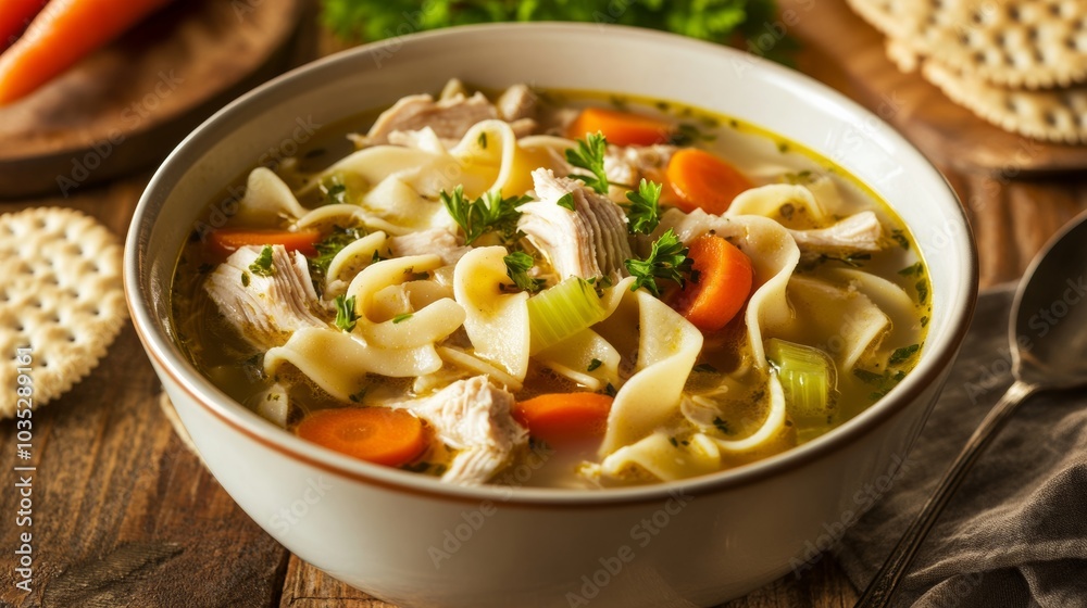 A comforting bowl of chicken noodle soup with tender chicken, carrots, celery A comforting bowl of chicken noodle soup with tender chicken, carrots, celery
