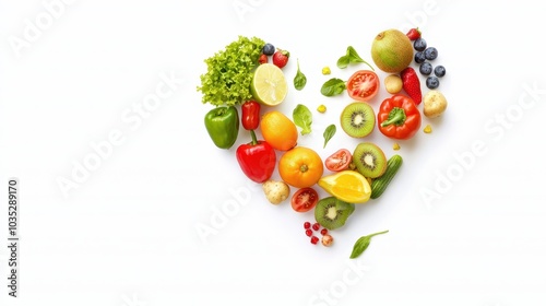 A heart shape made from vibrant fruits and vegetables, isolated on a clean white background for a healthy eating concept.