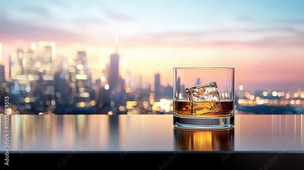 Fototapeta premium A high-rise view with a whiskey glass in the foreground, capturing the glow of the city lights and a refined city experience.