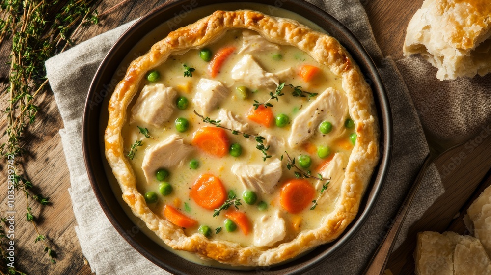 A comforting bowl of creamy chicken pot pie, brimming with tender chicken, carrots A comforting bowl of creamy chicken pot pie, brimming with tender chicken, carrots