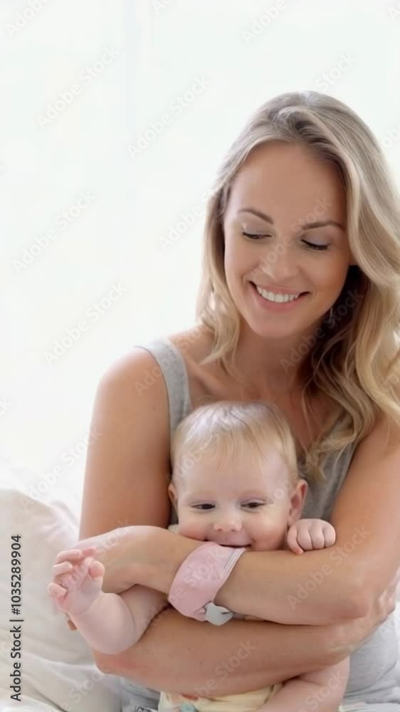Mother smiles while cuddling her adorable baby during a cozy afternoon indoors at home Mother smiles while cuddling her adorable baby during a cozy afternoon indoors at home