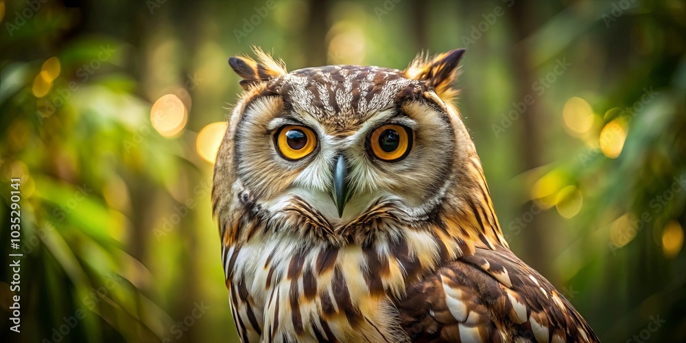 A majestic owl with piercing yellow eyes, framed by a vibrant green and yellow bokeh background. The owl's feathers are meticulously detailed, revealing the intricate beauty of nature's artistry.
