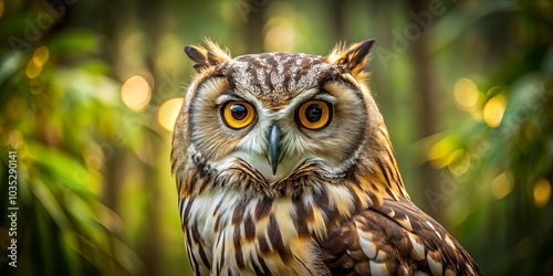 A majestic owl with piercing yellow eyes, framed by a vibrant green and yellow bokeh background. The owl's feathers are meticulously detailed, revealing the intricate beauty of nature's artistry.