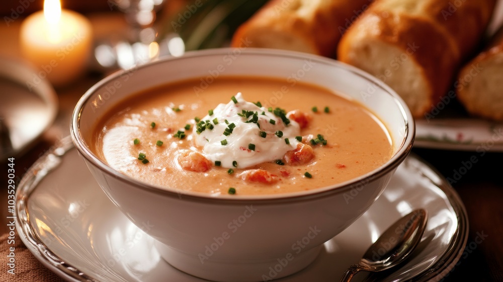 A comforting bowl of creamy lobster bisque garnished with fresh chives and a dollop of cr猫me fra卯che, Soup served in a delicate porcelain bowl, Soft candlelight creating a warm atmosphere A comforting bowl of creamy lobster bisque garnished with fresh chives and a dollop of cr猫me fra卯che, Soup served in a delicate porcelain bowl, Soft candlelight creating a warm atmosphere