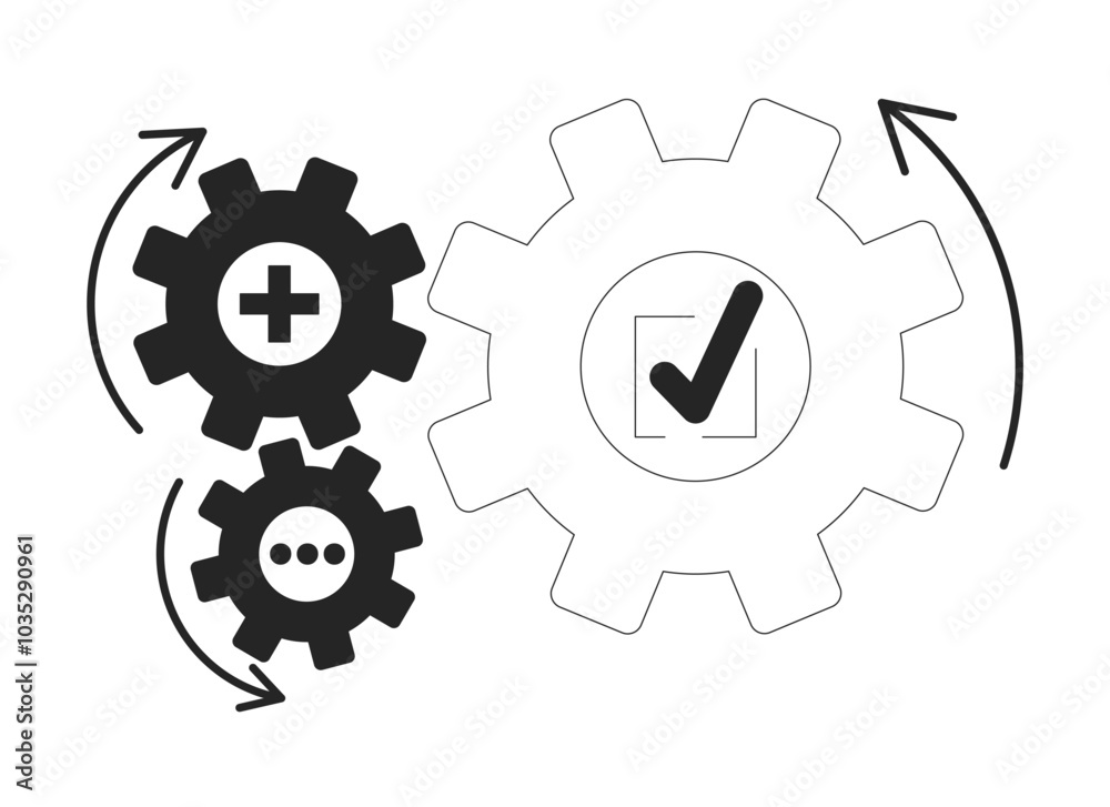 Business gears connect black and white 2D line object. Cogs process automation. Integration join. Project management cogwheels isolated clip art vector outline item. Monochromatic spot illustration Business gears connect black and white 2D line object. Cogs process automation. Integration join. Project management cogwheels isolated clip art vector outline item. Monochromatic spot illustration