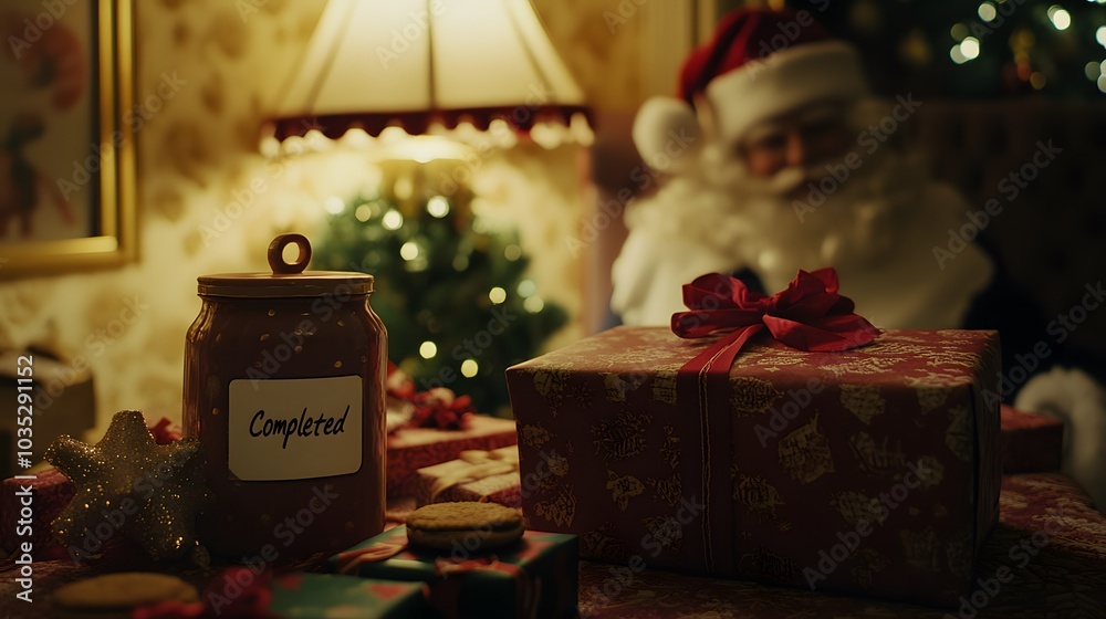 Cozy christmas scene with santa, gifts, and holiday decorations by the fireplace
