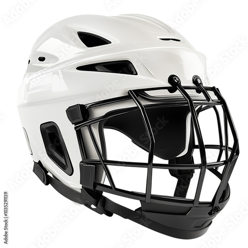 An ice hockey helmet with a white color and black front bars, made of a plastic material isolated on transparent background