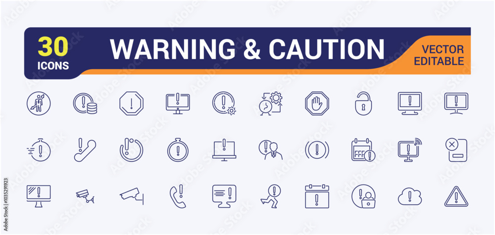 Warning and Alert icon set. Set of warn, alarm, caution, aware icons collection. Linear icon collection. Editable stroke. Vector illustration Warning and Alert icon set. Set of warn, alarm, caution, aware icons collection. Linear icon collection. Editable stroke. Vector illustration