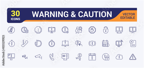 Warning and Alert icon set. Set of warn, alarm, caution, aware icons collection. Linear icon collection. Editable stroke. Vector illustration