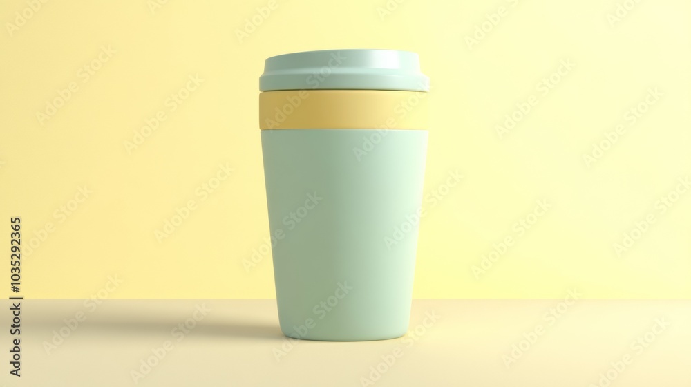 A green coffee cup with a yellow handle sits on a table A green coffee cup with a yellow handle sits on a table