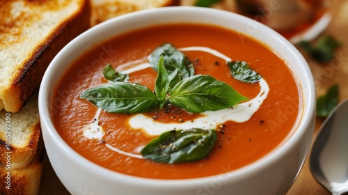 A comforting bowl of creamy tomato soup garnished with basil leaves and a swirl of cream, served with a grilled cheese sandwich, Tomato soup centered