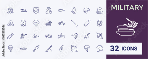 War and military icon collection. Set of army line icons. Editable Stroke. Military Equipment, tools, Soldier, Weapons, Gun. Vector illustration.
