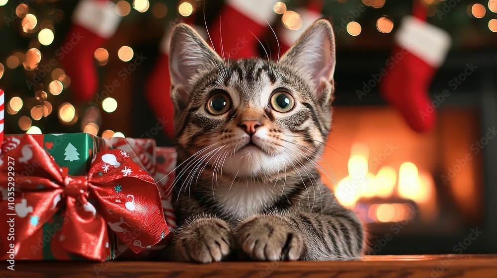 Adorable Cat with Christmas Gifts and Decorations Adorable Cat with Christmas Gifts and Decorations