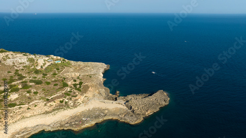 Aerial view of the tip of Punta Meliso the most southwestern point of Italy. It is located in Santa Maria di Leuca in Salento, Puglia. Here the waters of the Ionian Sea and the Adriatic Sea meet. photo