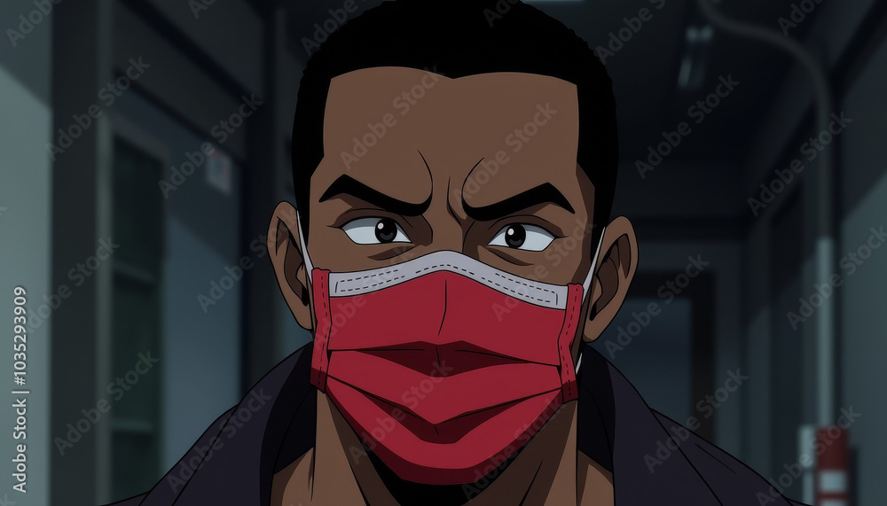 Animated man with red mask and serious expression in dark hallway Animated man with red mask and serious expression in dark hallway