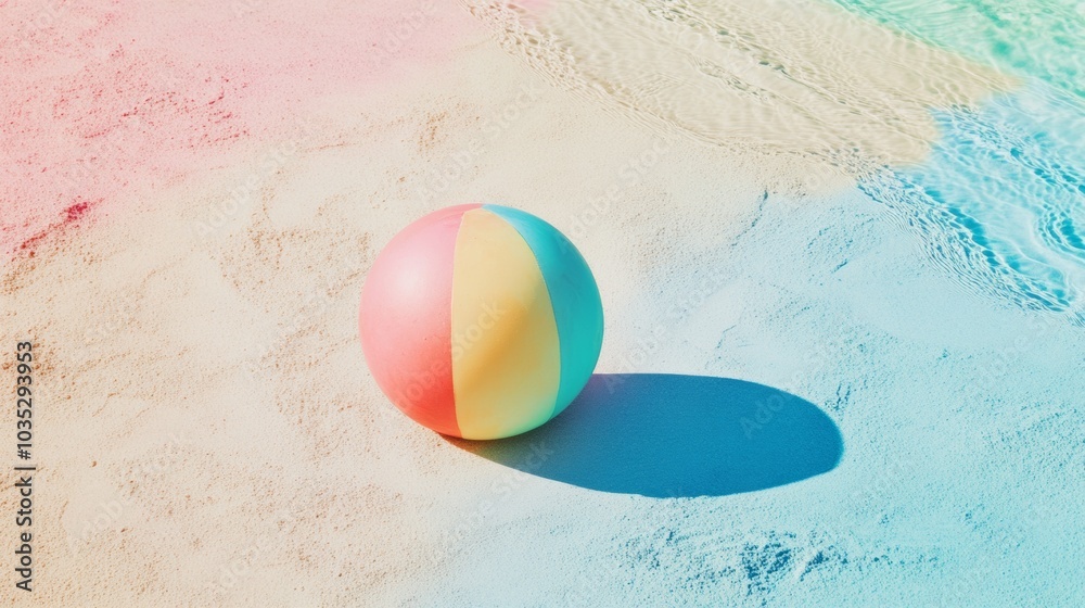 A beach ball with a yellow stripe is sitting on the sand A beach ball with a yellow stripe is sitting on the sand