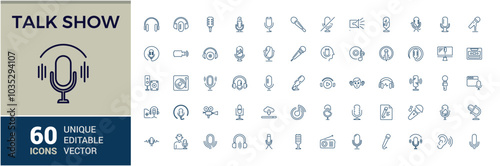Talk show and Podcast icon collection. Containing audio, microphone, record, podcasting and more. Simple line icons set. Vector illustration.