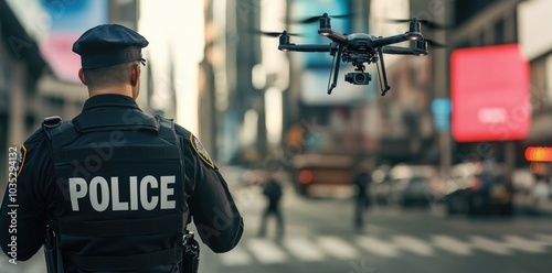 A police officer in uniform is flying a small drone with a camera, with a blurred city street in the background. photo