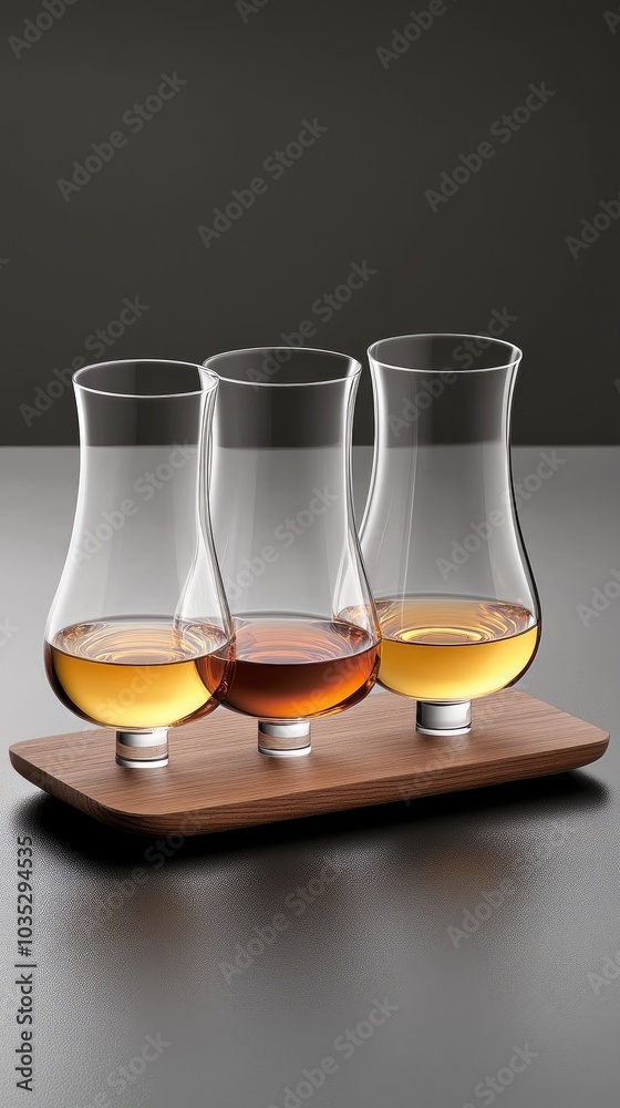 Artfully arranged whisky glasses on an oak tray showcase a variety of whiskeys against a rich, dark backdrop at a cozy gathering Artfully arranged whisky glasses on an oak tray showcase a variety of whiskeys against a rich, dark backdrop at a cozy gathering