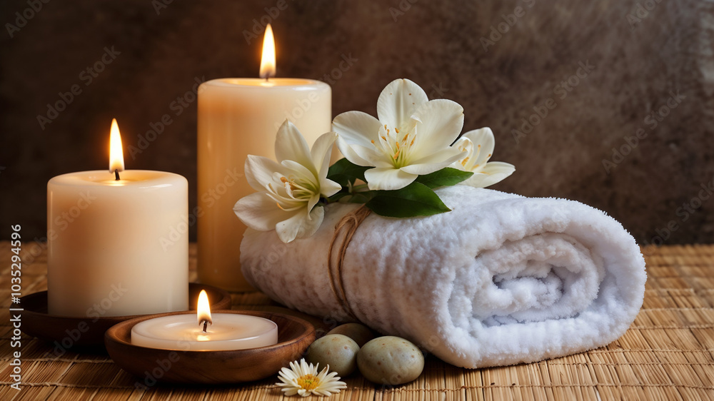 spa background with candles, rolled towels and flowers, serene atmosphere, banner for beauty salons, wellness centers, spa template spa background with candles, rolled towels and flowers, serene atmosphere, banner for beauty salons, wellness centers, spa template