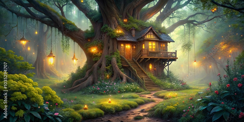 Obraz premium Enchanted Forest Abode, Illuminated by Hanging Lanterns and a Pathway Leading to a Mystical Treehouse