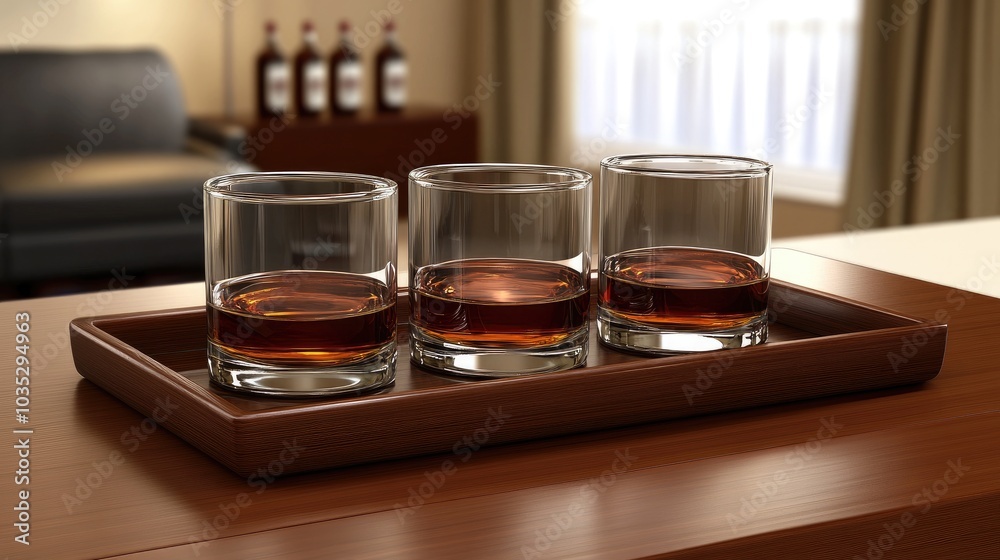 Elegant whiskey glasses on a warm wooden tray with whiskey bottles arranged in the background for a sophisticated atmosphere Elegant whiskey glasses on a warm wooden tray with whiskey bottles arranged in the background for a sophisticated atmosphere