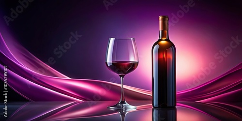 A solitary glass of red wine stands beside a full bottle, their reflections mirroring the swirling purple fabric backdrop.
