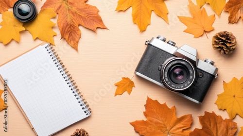 Vintage Camera and Autumn Leaves Flat Lay Arrangement photo