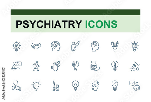 Psychiatry icons. Set of Psychology and mental thin linear style icons. Related to Treatment, Therapy, Psychological. Vector Illustration.