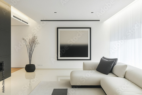 minimalist interior space featuring a mockup of a frame for an art painting on the wall with beautiful interior 