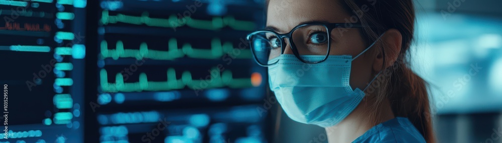 Nurse attending patient via telemedicine service, monitoring vitals remotely, digital interface visible Nurse attending patient via telemedicine service, monitoring vitals remotely, digital interface visible
