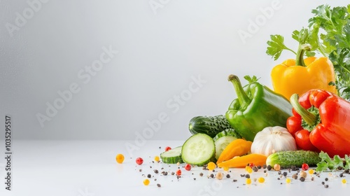 A selection of colorful organic vegetables, including bell peppers and cucumbers, on a white surface, emphasizing freshness and health.