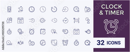 Timer line icon set. Clock and timer, alarm, bell, speed,  deadline, stopwatch, timekeeper, calendar and watch outline icon collection.