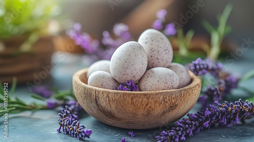 A wooden bowl filled with lavender-scented bath bombs for relaxation.