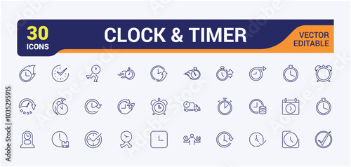 Timer line icon set. Clock and timer, alarm, bell, speed,  deadline, stopwatch, timekeeper, calendar and watch outline icon collection.