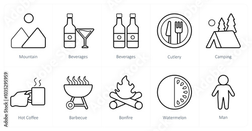 A set of 10 Travel and vacation icons as mountain, bevarages, cutlery