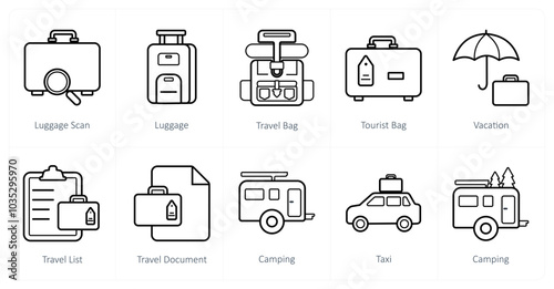 A set of 10 Travel and vacation icons as luggage scan, luggage, travel bag