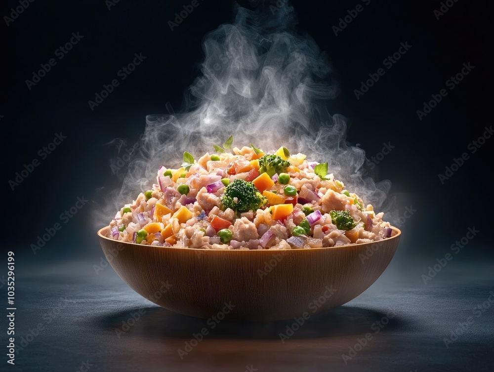 Colorful Vegetable Dish with Steam and Dramatic Lighting Colorful Vegetable Dish with Steam and Dramatic Lighting