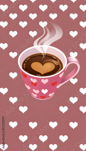 A cup of coffee with heart pattern isolated with white highlights, png photo