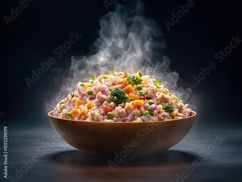 Colorful Vegetable Dish with Steam and Dramatic Lighting
