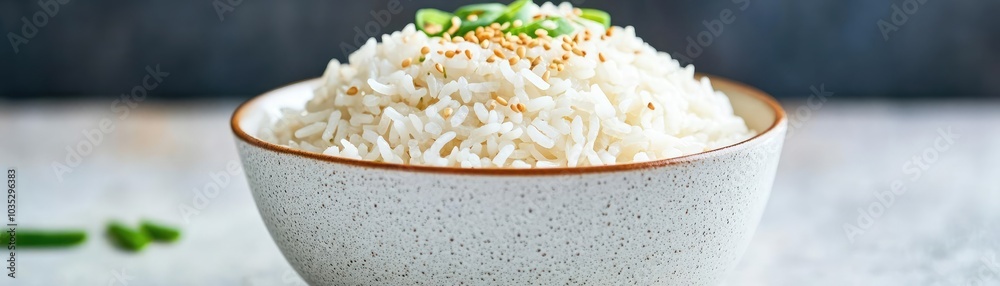 Soft, fluffy Thai jasmine rice served in a simple, elegant bowl with a sprinkle of sesame seeds and sliced green onions on top Soft, fluffy Thai jasmine rice served in a simple, elegant bowl with a sprinkle of sesame seeds and sliced green onions on top