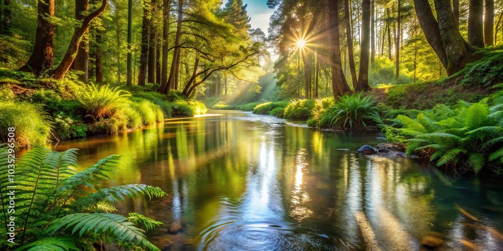 Fototapeta premium Golden Sunlight Bathes a Tranquil Forest Stream, Illuminating Lush Greenery and Reflecting a Serene Atmosphere