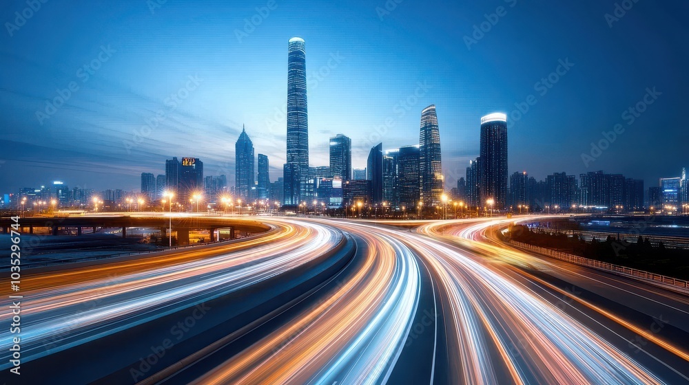 Dynamic Night Cityscape with Light Trails Dynamic Night Cityscape with Light Trails