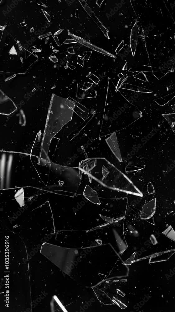 Super slow motion of shattering glass against black background , vertical orientation . Filmed on high speed cinema camera, 1000 fps. Super slow motion of shattering glass against black background , vertical orientation . Filmed on high speed cinema camera, 1000 fps.