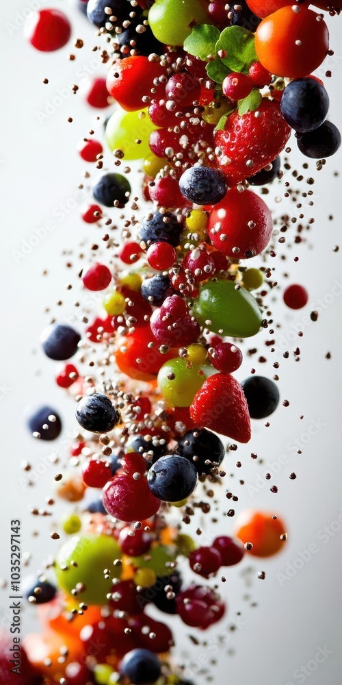 Fresh berries, grapes, and chia seeds falling in slow motion. Fresh berries, grapes, and chia seeds falling in slow motion.