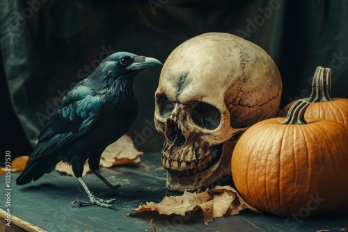 Skulls with Halloween pumpkins and a raven on a dark table. Halloween concept background  with generative ai