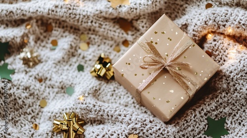 Happy New Year gift box resting on a soft blanket with party decorations scattered around