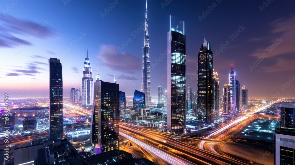 Obraz premium Vibrant Cityscape at Night with Illuminated Skyscrapers