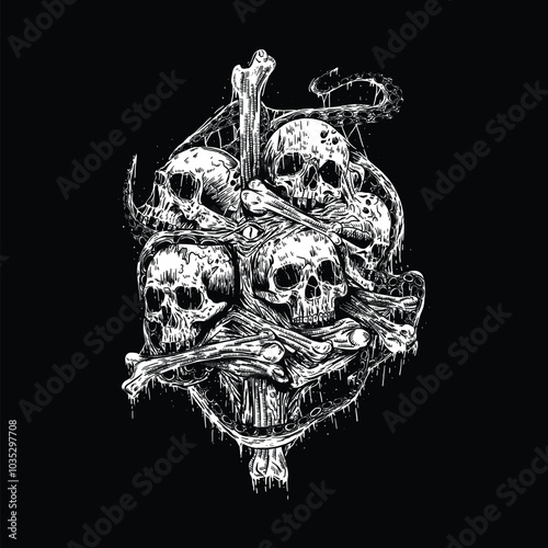horror death metal skull stacked with octopus illustration