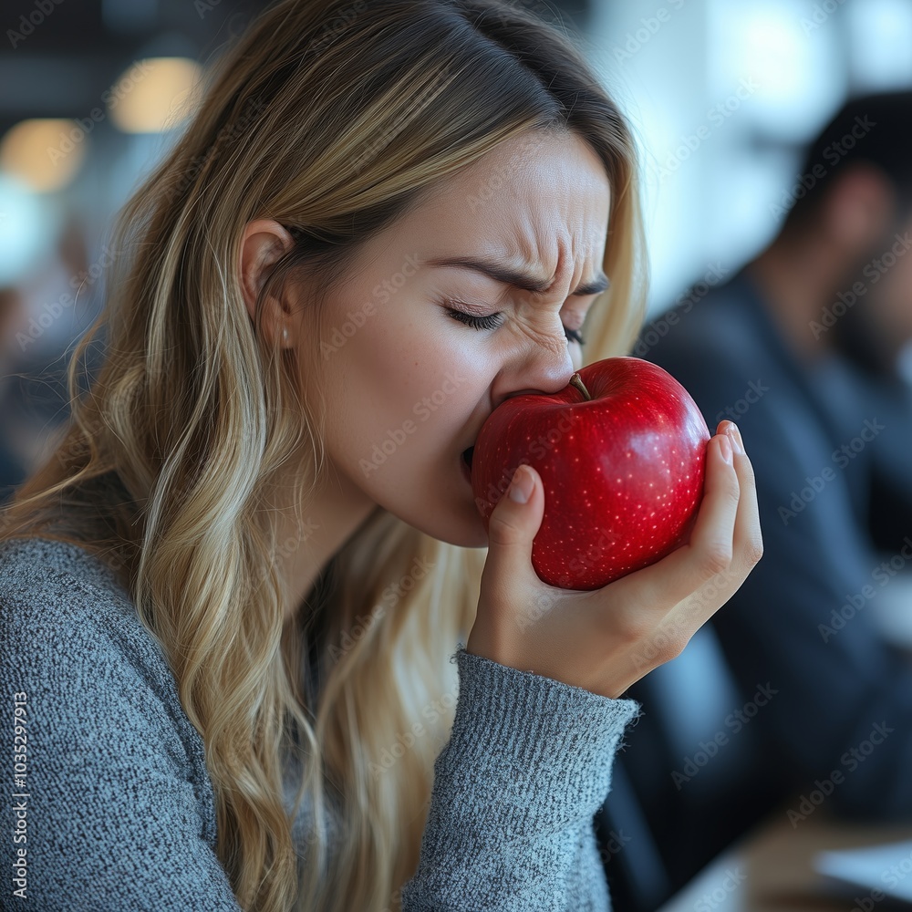 Young Caucasian woman biting into a red apple, expressing a playful yet intense mood. Young Caucasian woman biting into a red apple, expressing a playful yet intense mood.